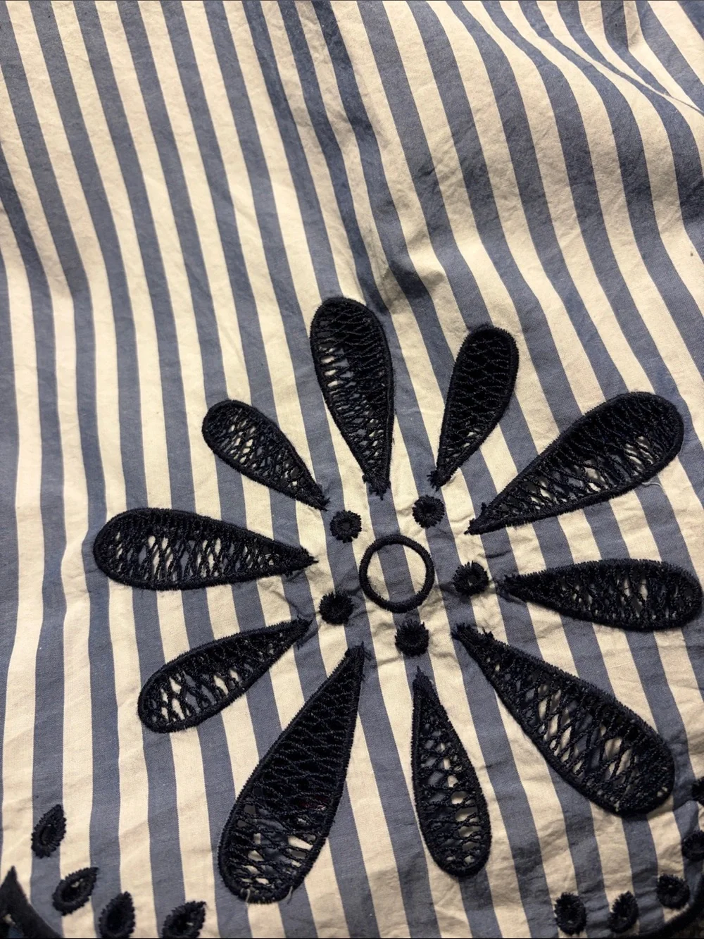 LOFT Navy and White Striped Embroidered Peasant Blouse